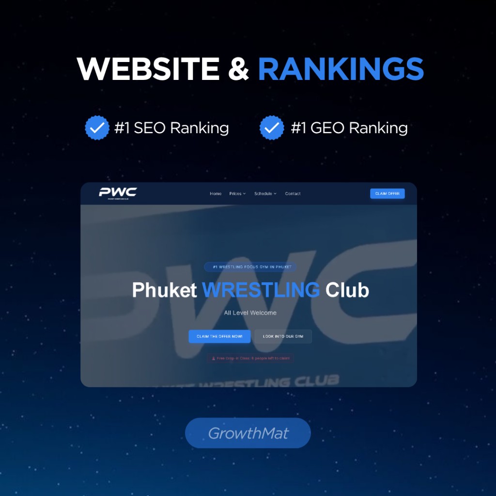 Phuket Wrestling Club website mockup with number one SEO and GEO rankings
